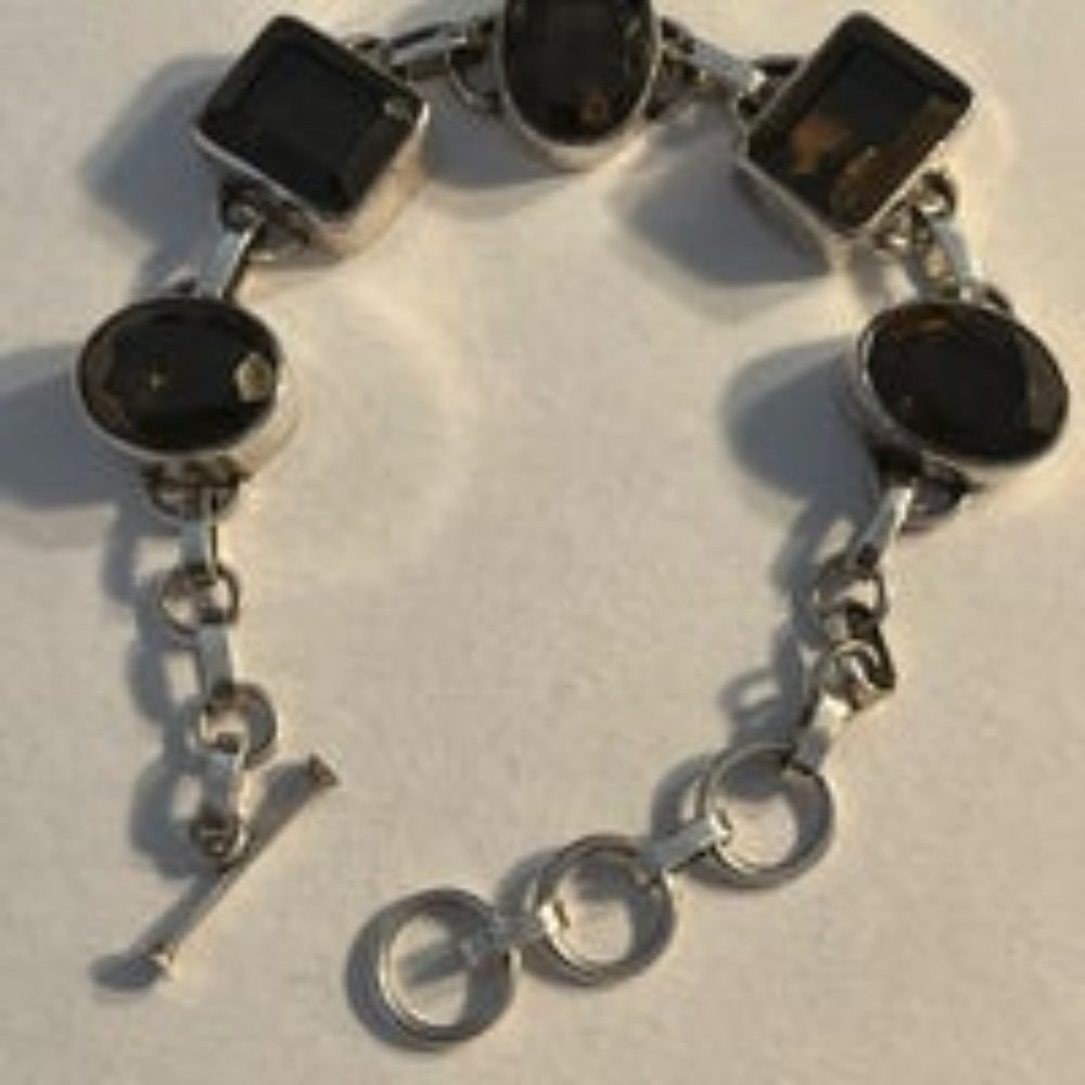 VTG 925 Bracelet with Smokey Quartz Gemstones Size 8”-8.75”